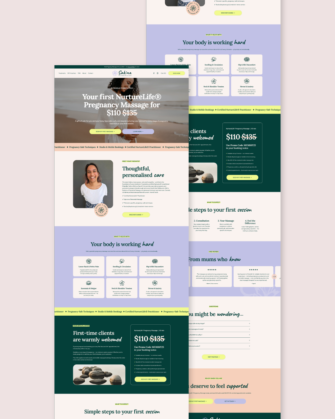 Screenshots of a pregnancy massage service website with sections on treatment details, therapist introduction, pricing, client reviews, and booking options.