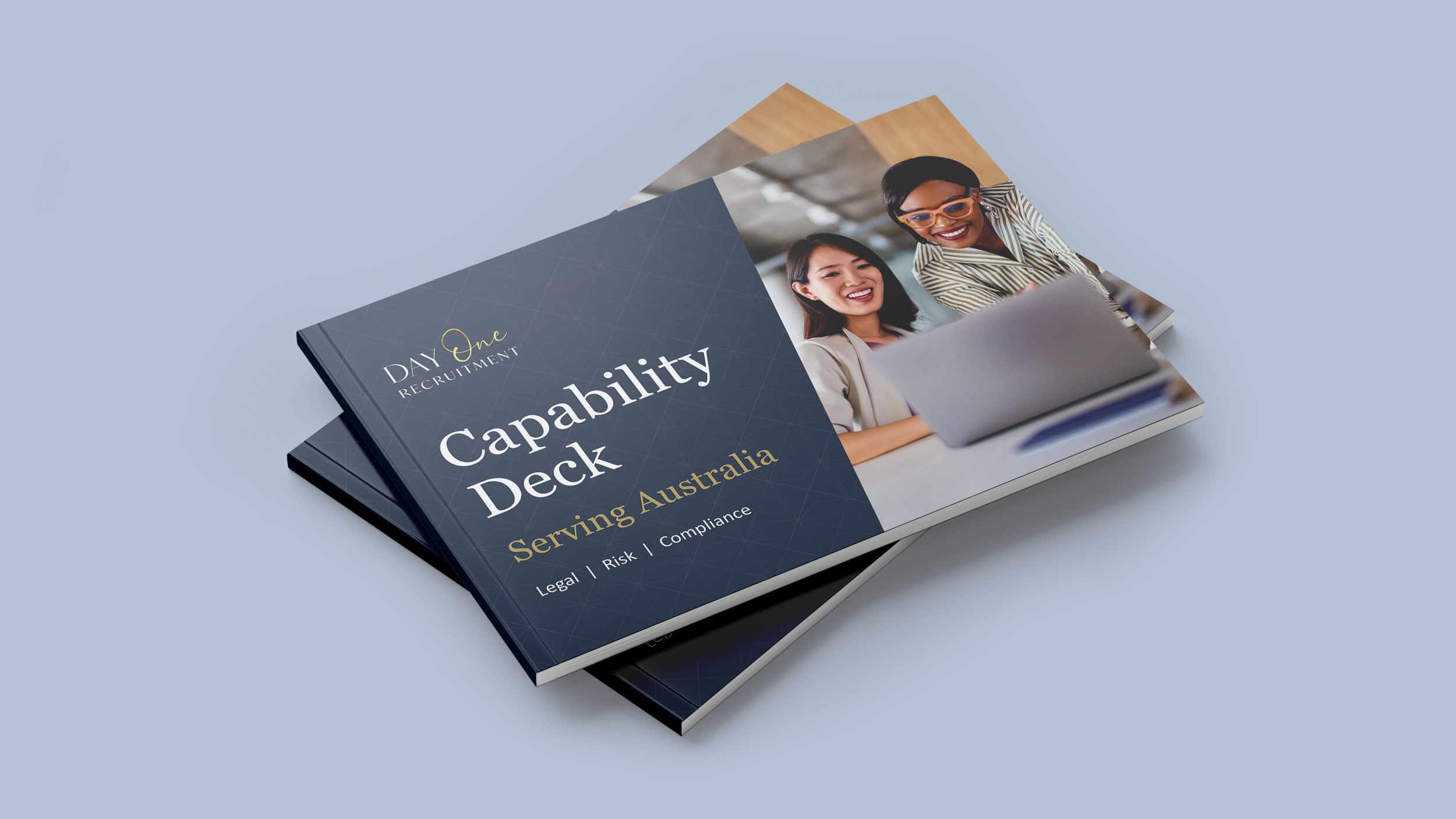Brochure titled 'Day One Recruitment Capability Deck Serving Australia' featuring a photo of two smiling women looking at a laptop.