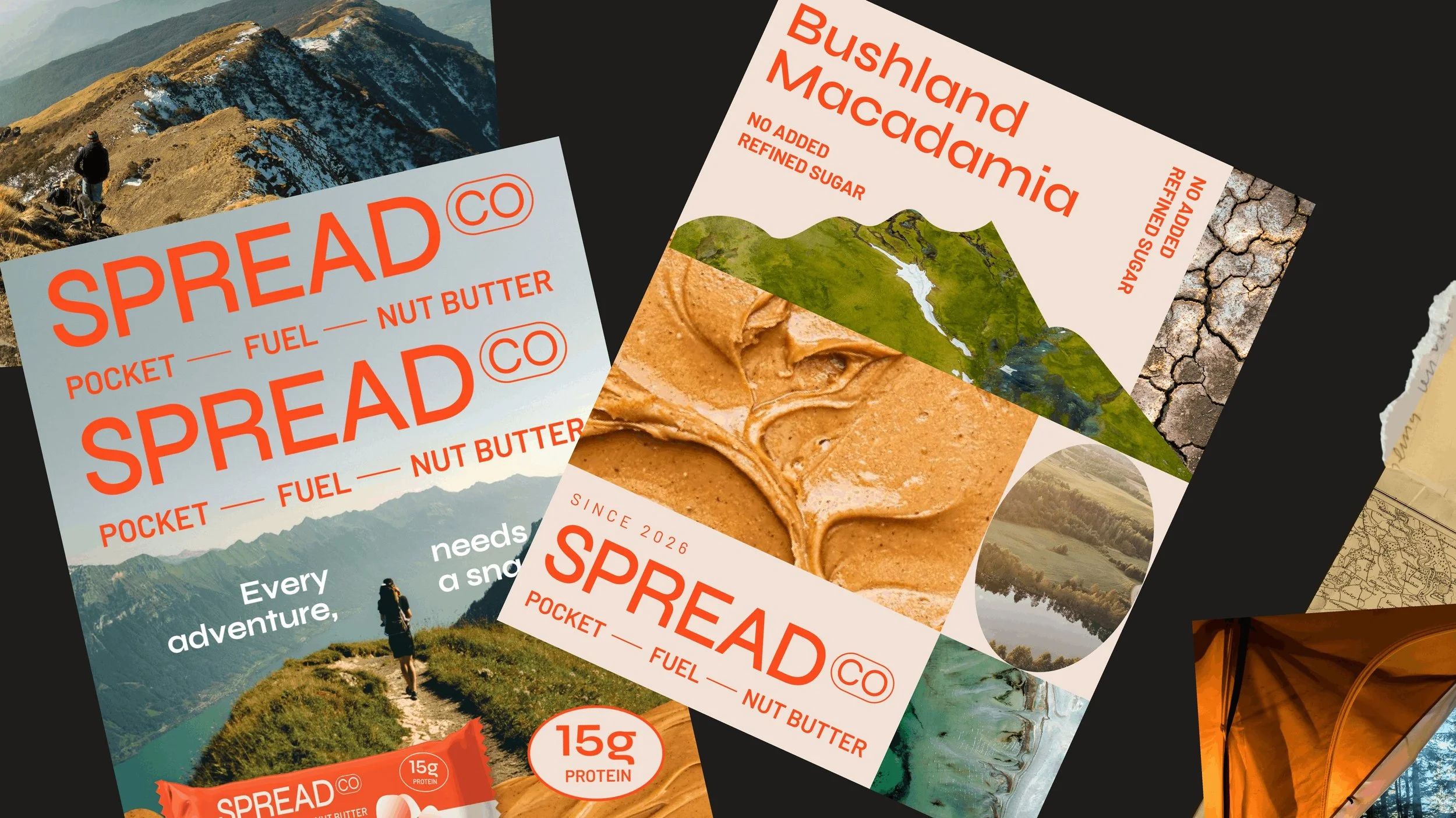 Multiple snack and food packaging labels for Spread Co, featuring mountain and outdoor adventure themes, including peanut butter and bushland mackage, with images of mountains, dry cracked earth, a lake, and a tent.