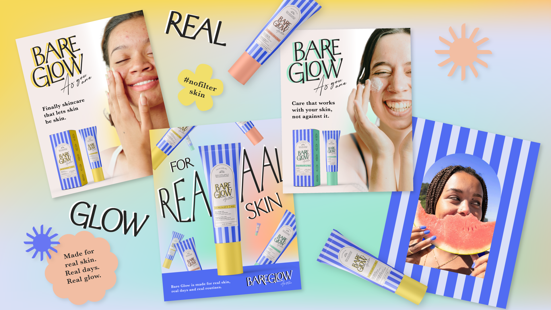 Collage of promotional images for Bare Glow skincare, featuring smiling women applying skincare products, product images with blue and yellow striped packaging, and graphics with phrases like 'Real Skin,' 'Glow,' '#nofilter skin,' and 'Made for real skin, real days, real glow,' all set against pastel backgrounds.