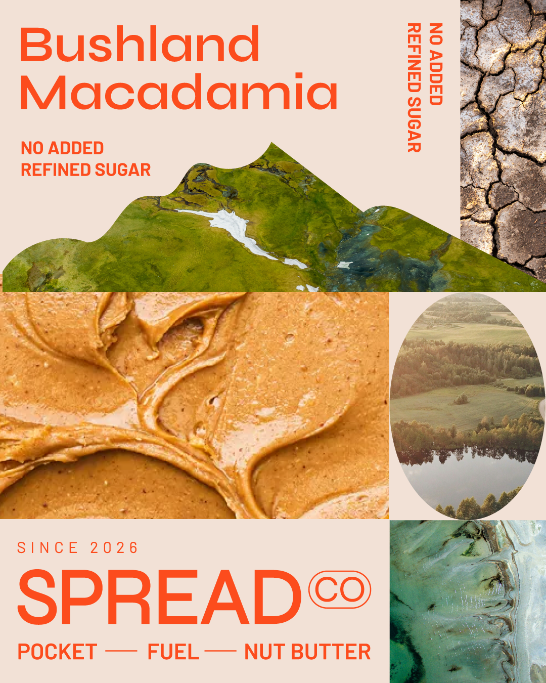 Packaging design for Bushland Macadamia nut butter, featuring earthy colors, images of cracked dry soil, green landscapes, and smooth nut butter, with text highlighting no added refined sugar and natural ingredients.