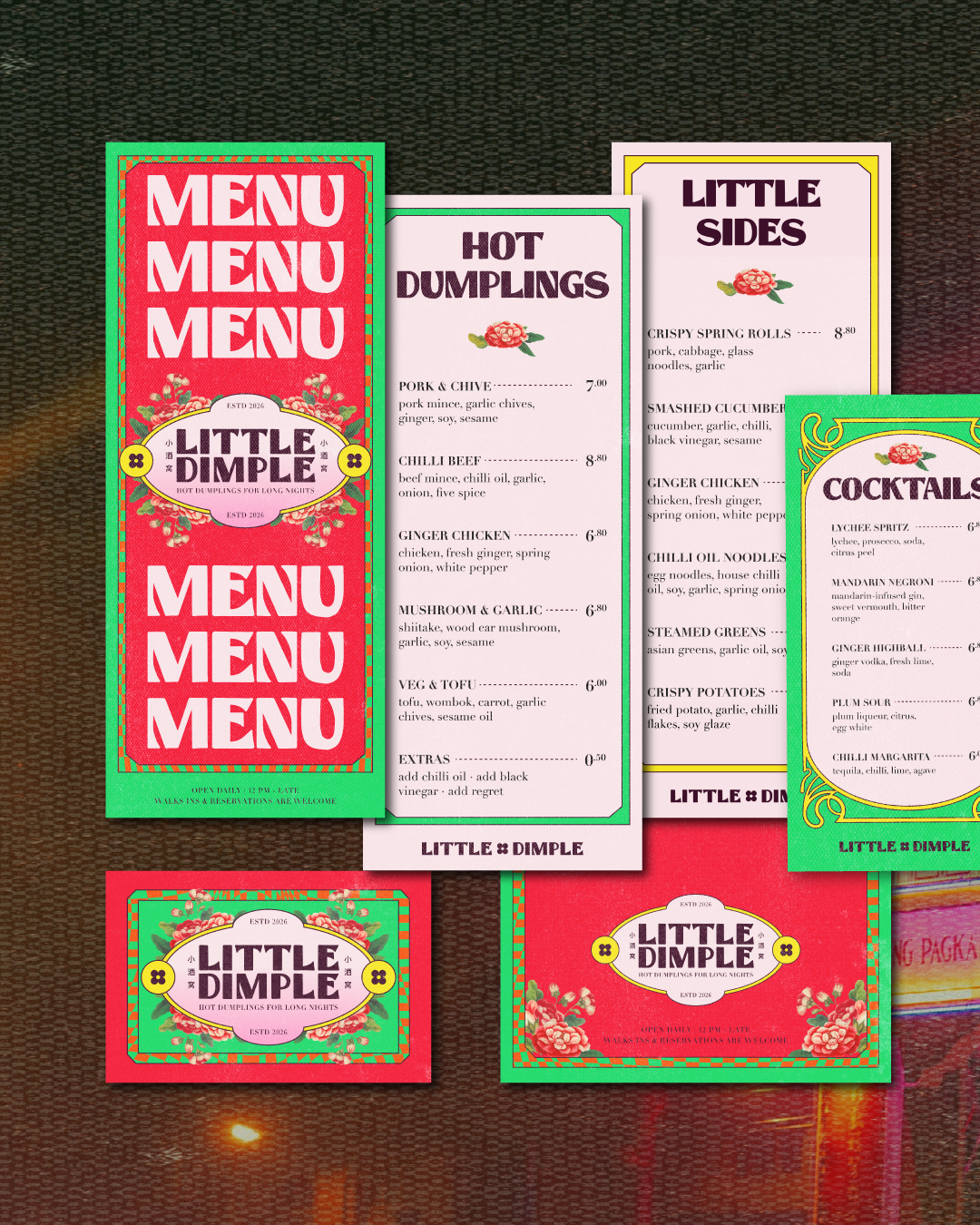 Four colorful menus for Little Dimple restaurant, including a main menu, hot dumplings, little sides, and cocktails, set on a dark textured surface.