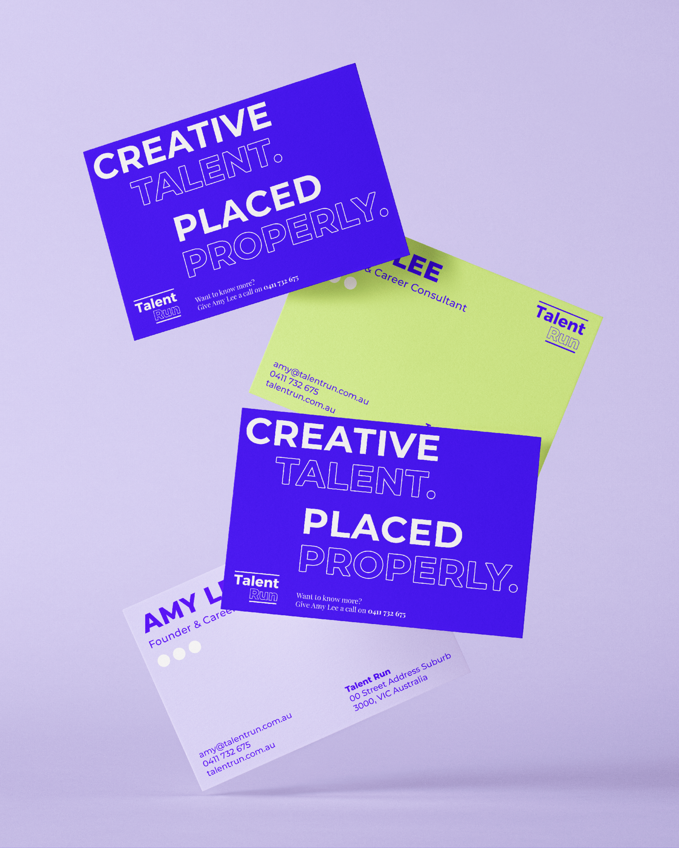 Multiple colorful business cards on a light purple background, featuring text about creative talent and career consulting services.