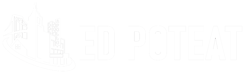Black background with a white logo featuring a stylized cityscape including the Golden Gate Bridge, the Bay Bridge, and buildings labeled "Apollo" and "Ed Poteat".