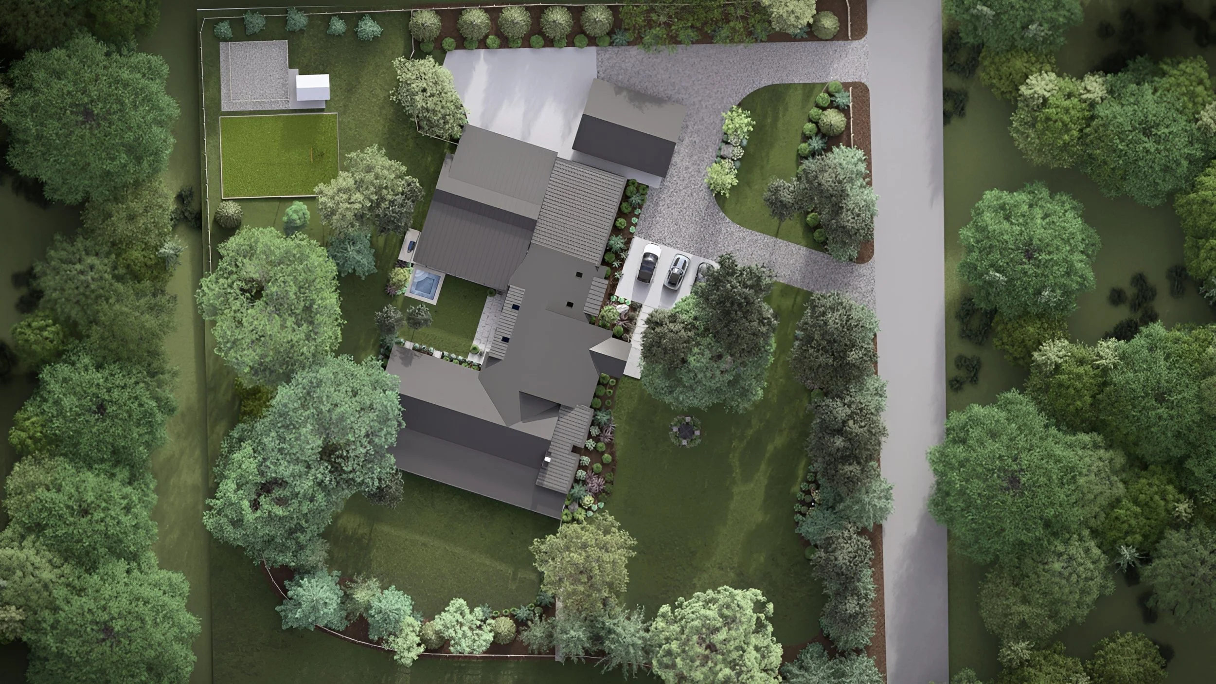 Aerial view of a residential property with a house, driveway, garage, parking area, green lawn, trees, and surrounding landscape.