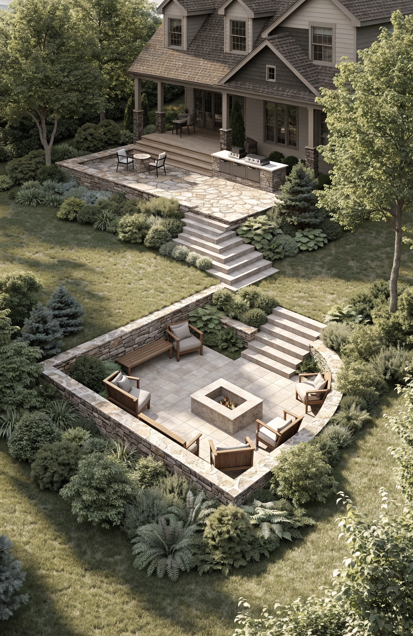 A backyard with two separate outdoor seating areas, one with a fire pit and another with a fire grill, surrounded by lush greenery and gardens, with stairs leading to a deck attached to a house.
