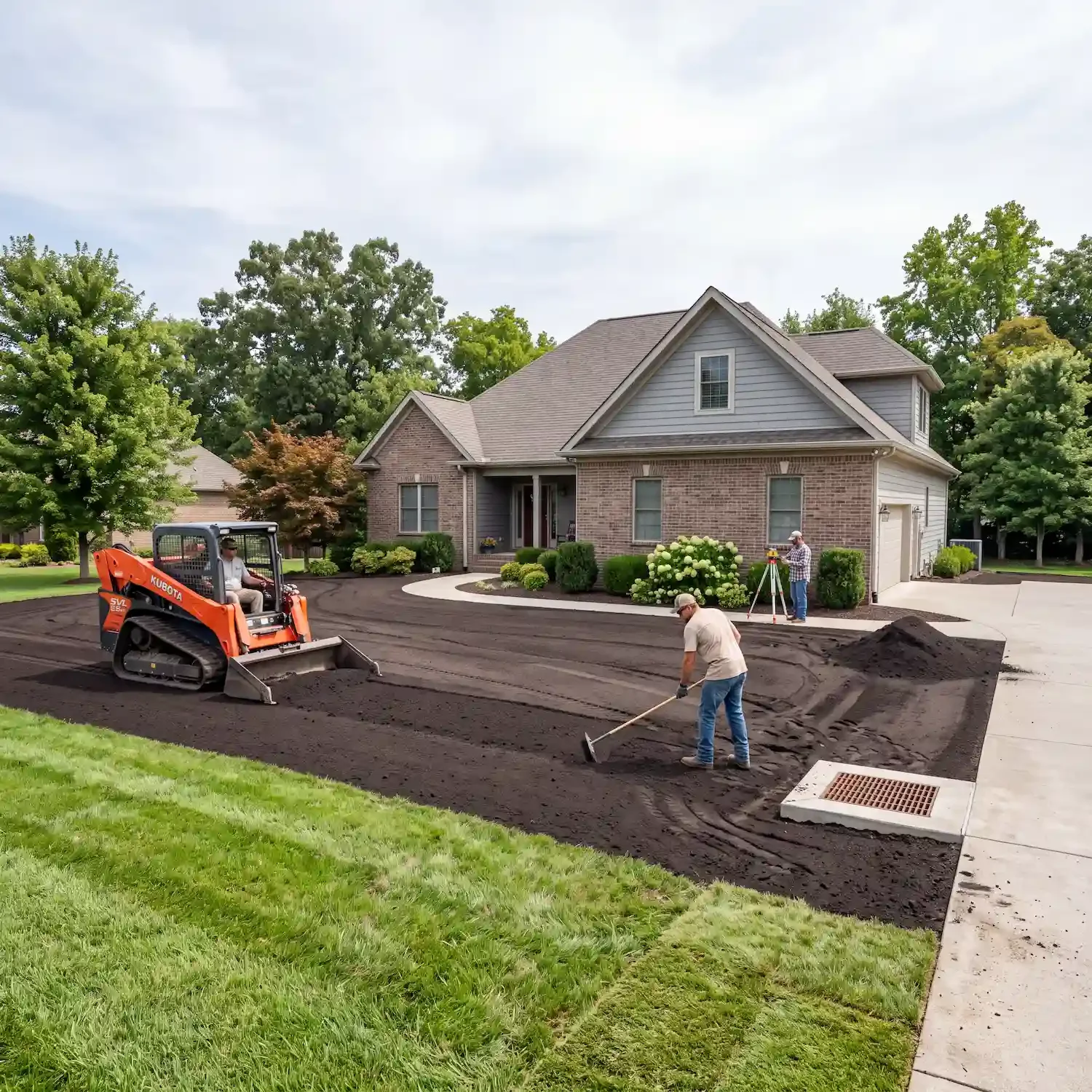 Landscaping crew grading a residential yard before lawn installation