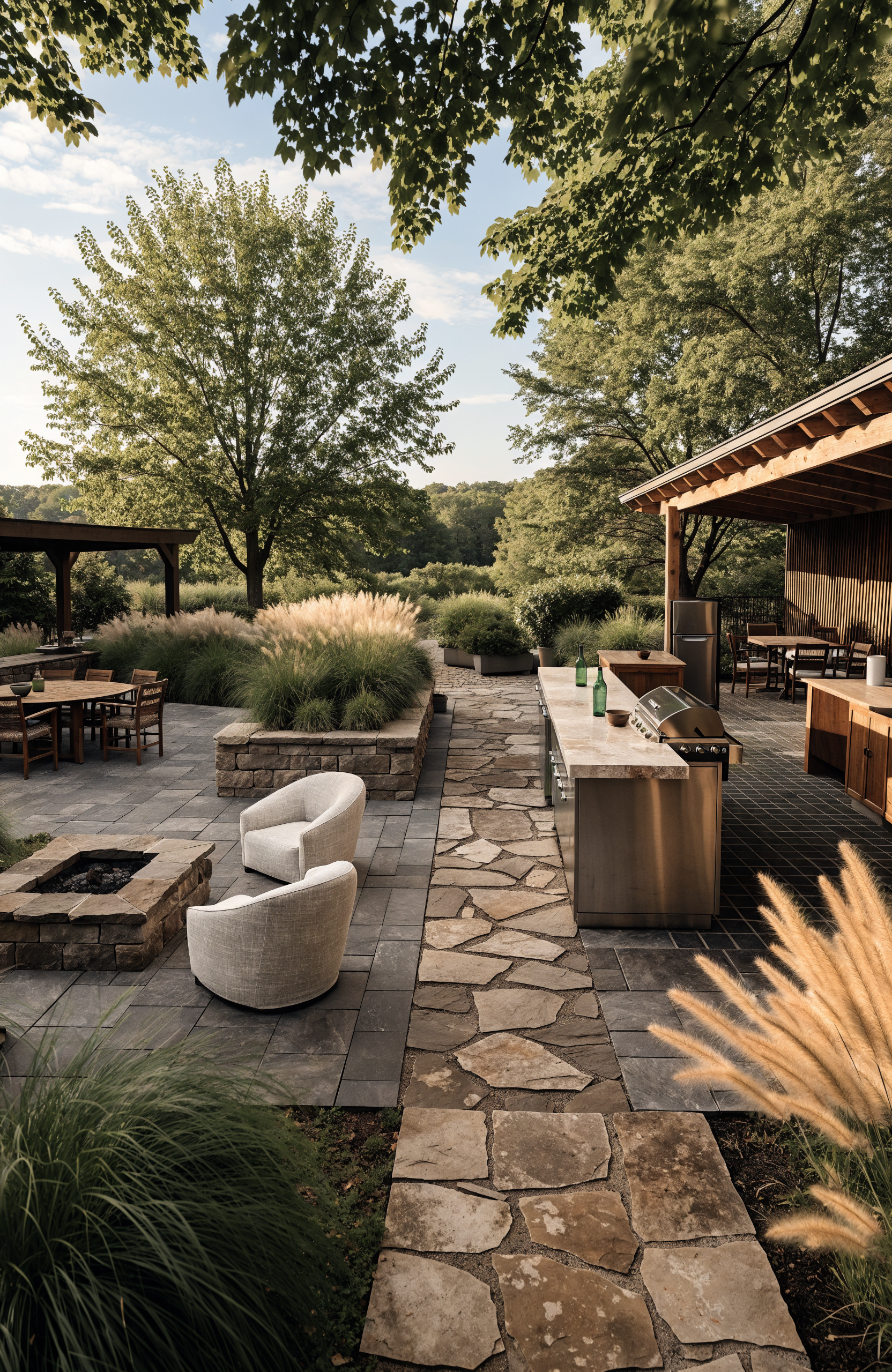 An outdoor patio with dining and seating area, surrounded by trees and lush greenery, with a stone pathway leading to a covered outdoor kitchen area, under a clear sky.