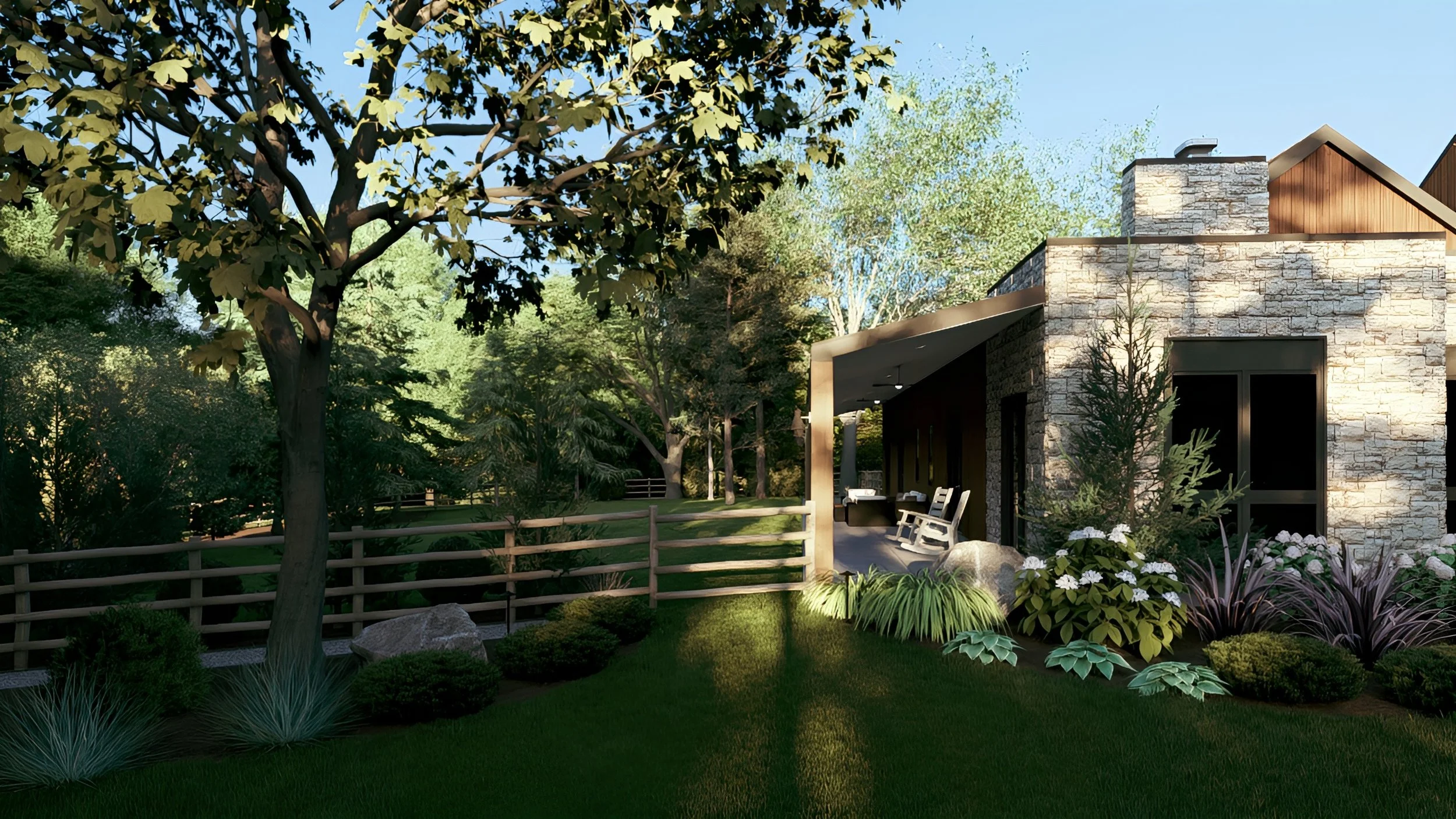 Modern house with stone and wood exterior, surrounded by lush greenery, trees, and a garden with various plants and flowers.