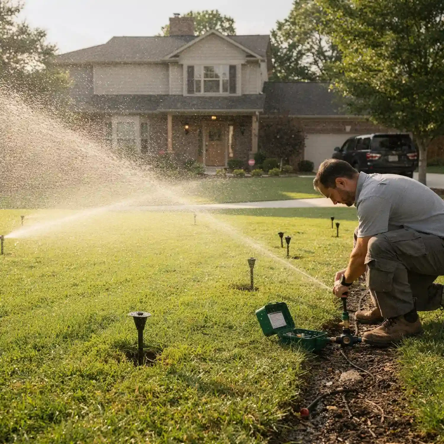 Technician adjusting a lawn sprinkler system outside a suburban home