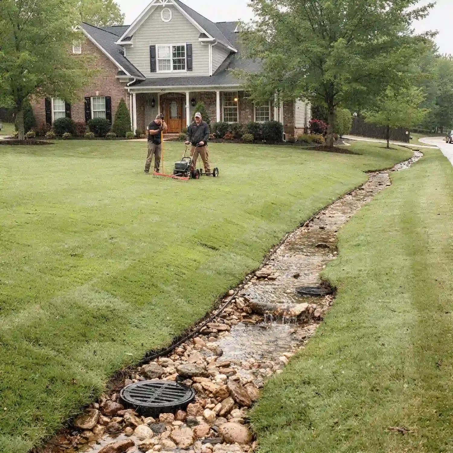Landscape crew installing sod beside a stone-lined residential drainage channel