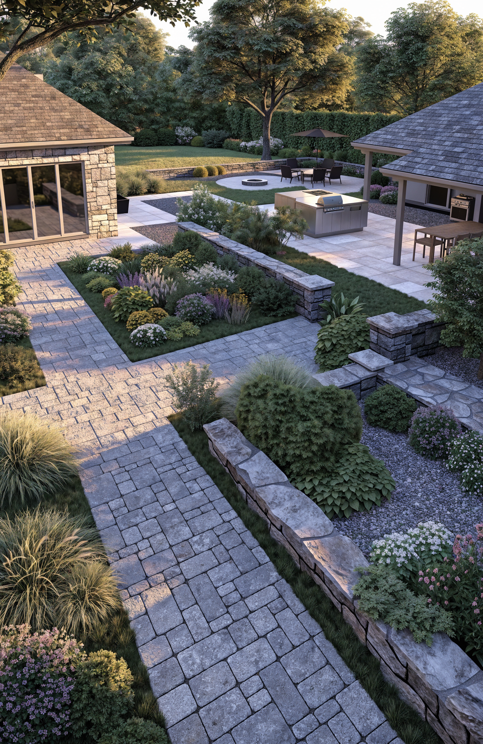 A landscaped backyard with stone pathways, a garden bed with colorful flowers, a patio with outdoor furniture and a grill, a fire pit with chairs, lush green lawn, trees, and bushes illuminated by warm sunlight in the late afternoon or early evening.