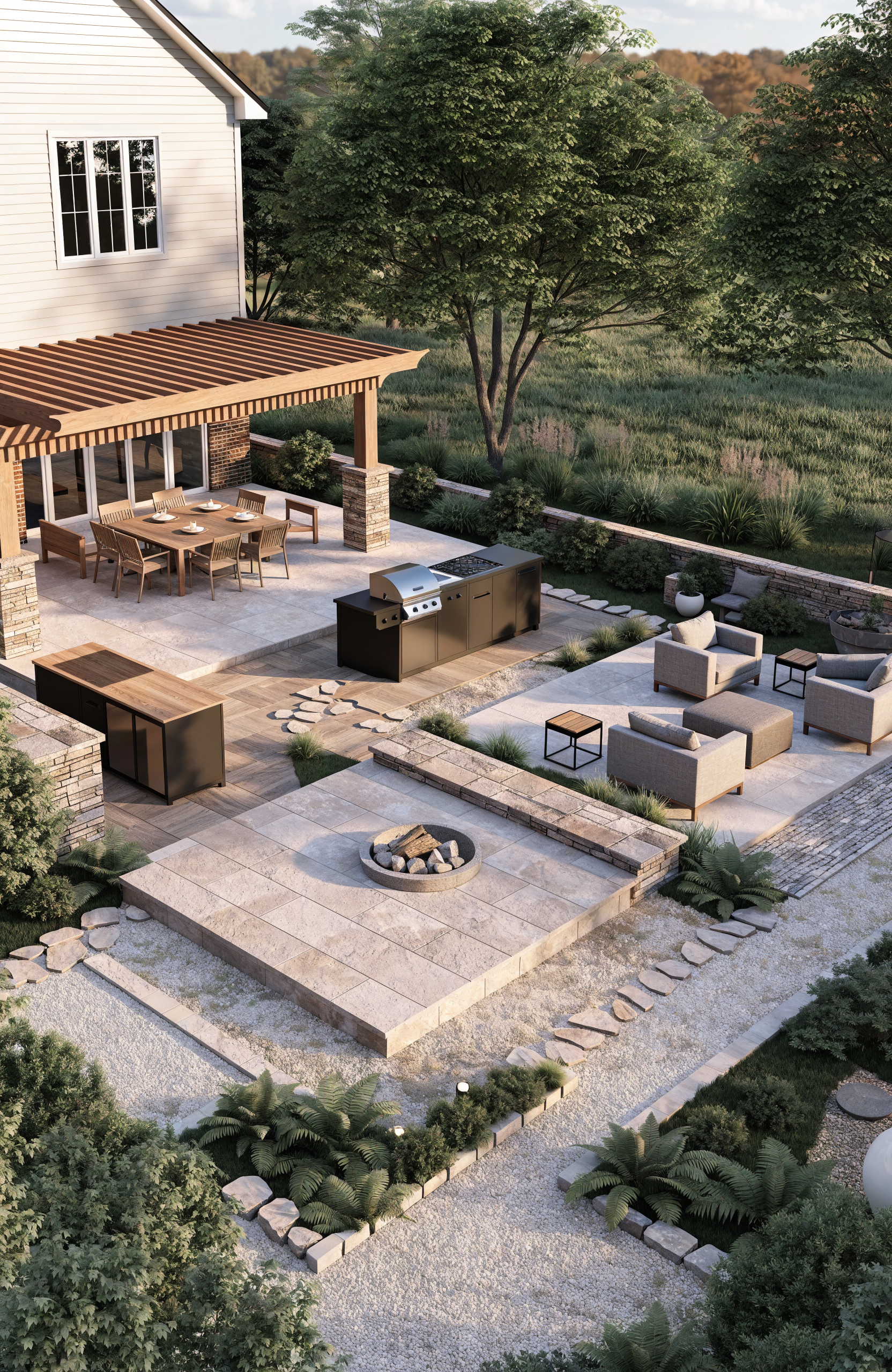 A backyard patio with an outdoor dining table, chairs, a grill, seating area, landscaped yard, and surrounding trees.