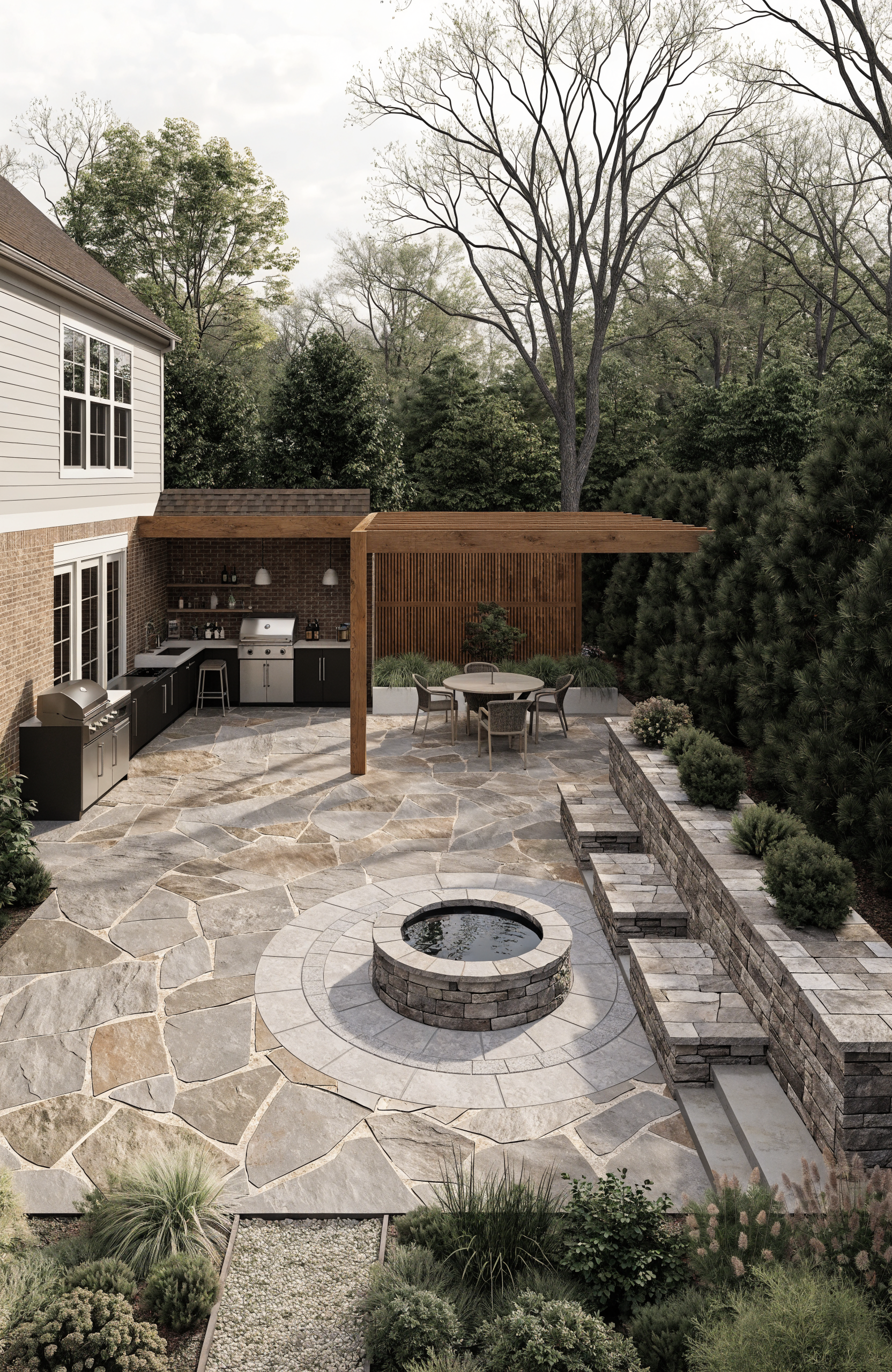 A backyard patio with a fire pit, outdoor dining table, built-in BBQ, and surrounding greenery, including trees and shrubs.