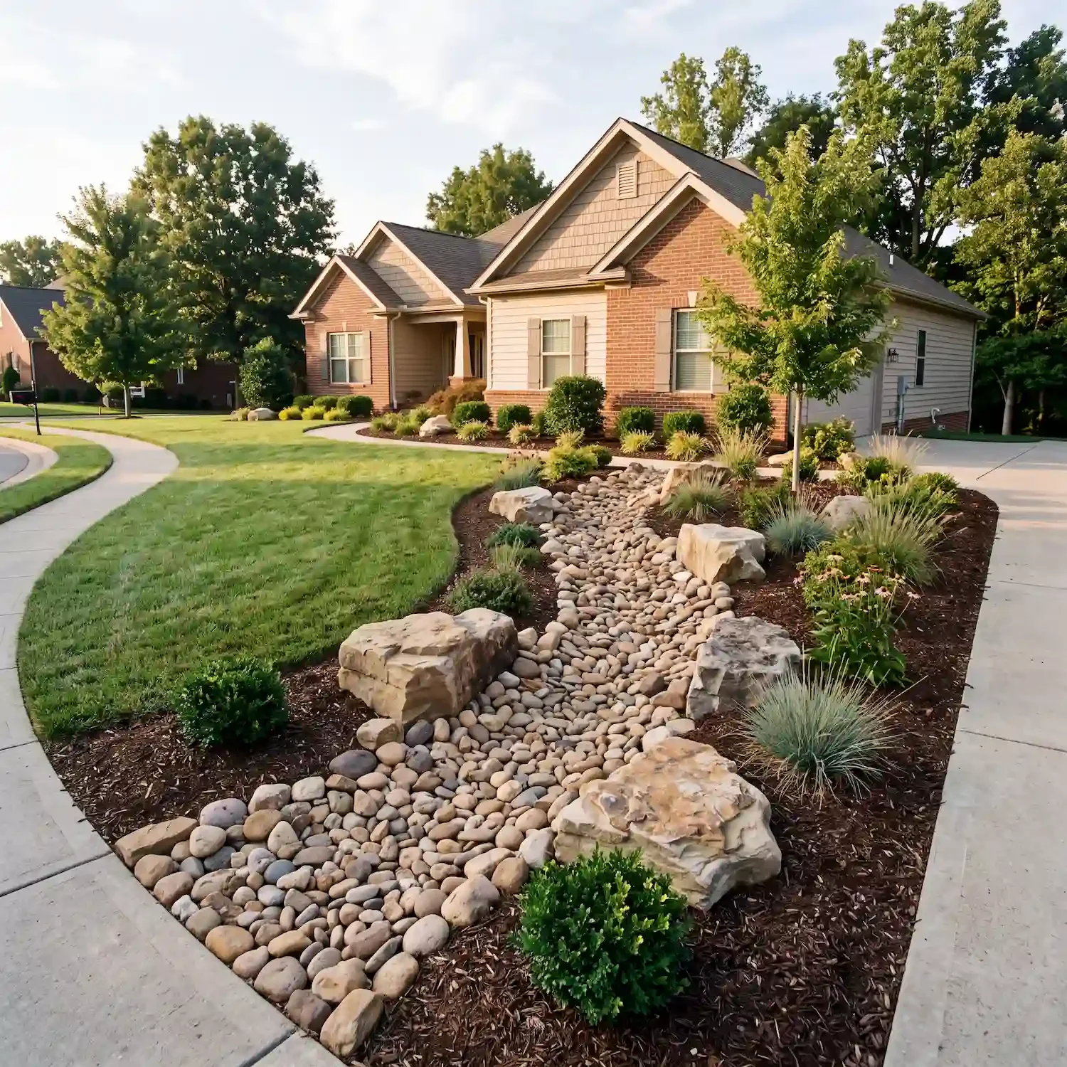 Residential dry creek bed with river rock, boulders, shrubs, and ornamental grasses