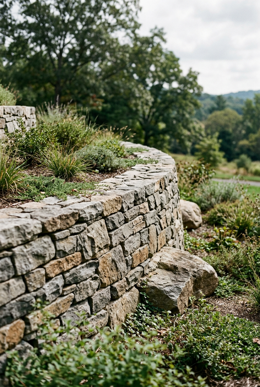 Stone retaining wall with plants and shrubs in a garden, trees and cloudy sky in the background.