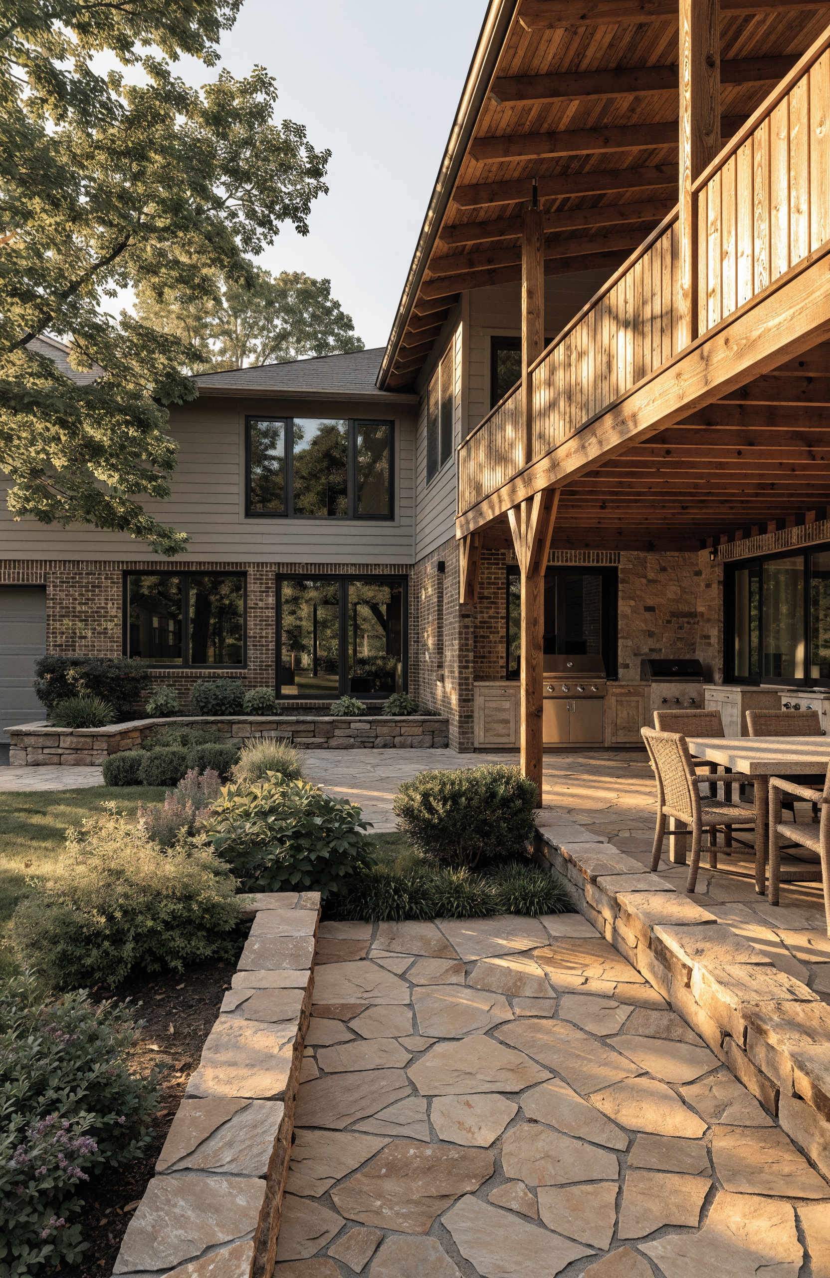 The image shows the exterior of a two-story house with a brick and siding facade, a stone patio, a wooden balcony, and a landscaped garden with shrubs and a stone border.