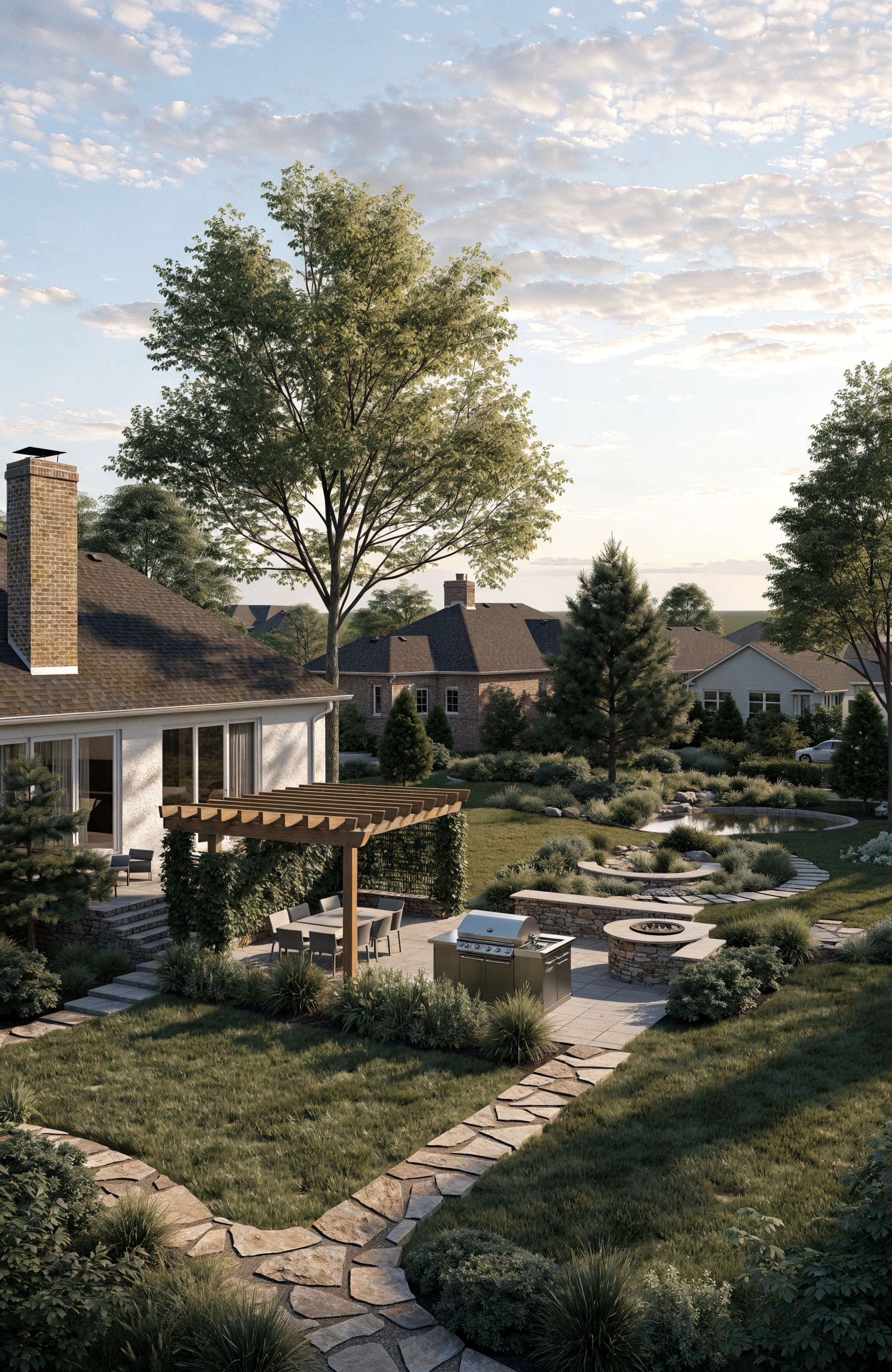 Backyard with patio, outdoor dining area, grill, fire pit, garden, trees, and landscape.