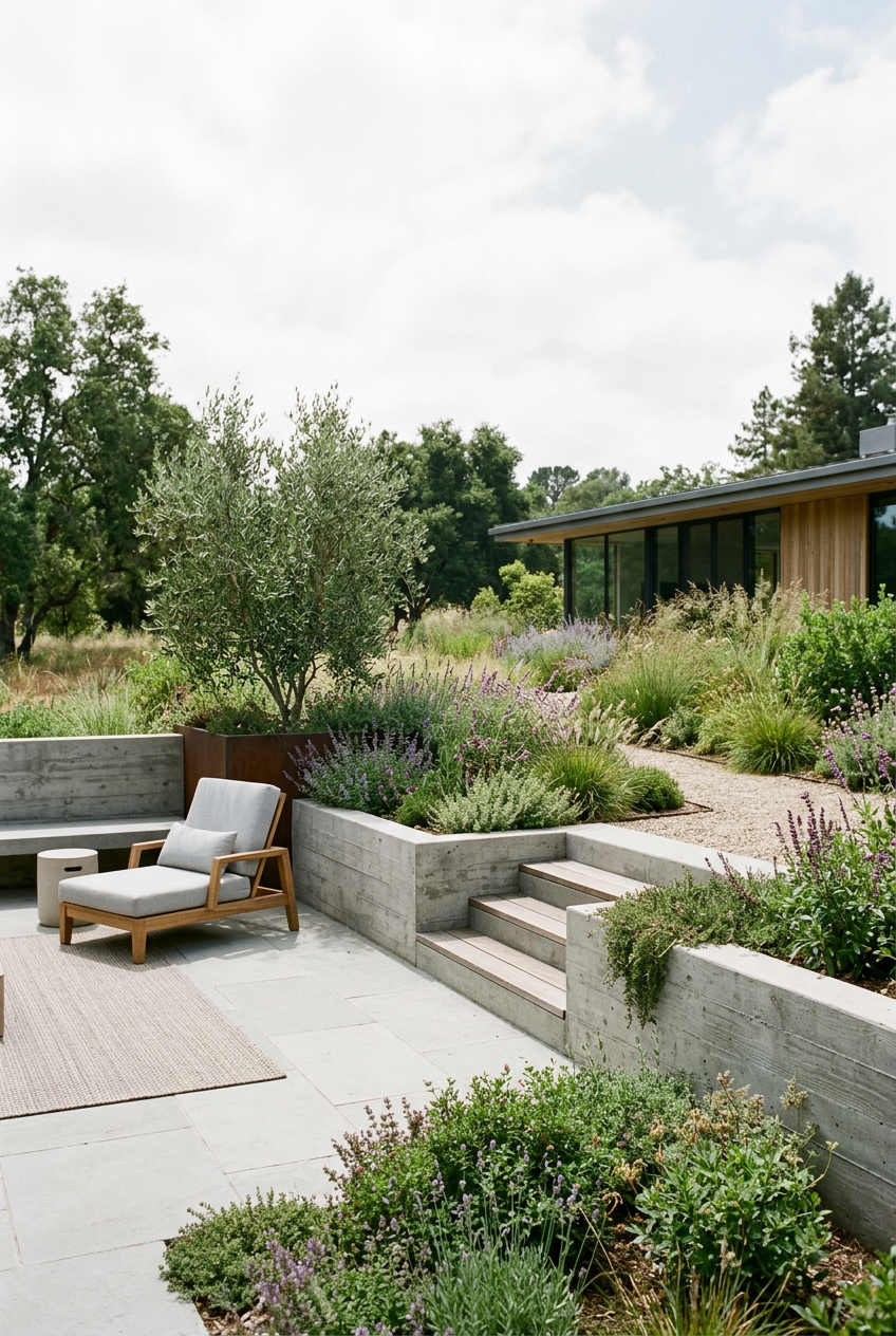Modern backyard with concrete planter walls, a small outdoor seating area with a lounge chair and rug, and a variety of green and purple plants, with a house and trees in the background.