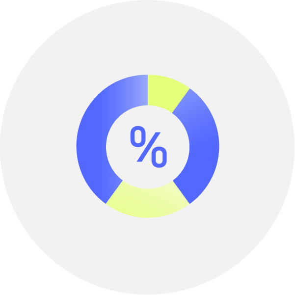 Colorful pie chart with a percentage symbol in the center. The chart features blue and yellow segments on a white background.