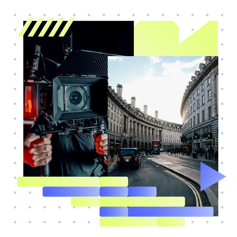 A person operating a professional camera on a steadicam rig capturing a city street scene with historic buildings, cars, and a red double-decker bus under a partly cloudy sky.