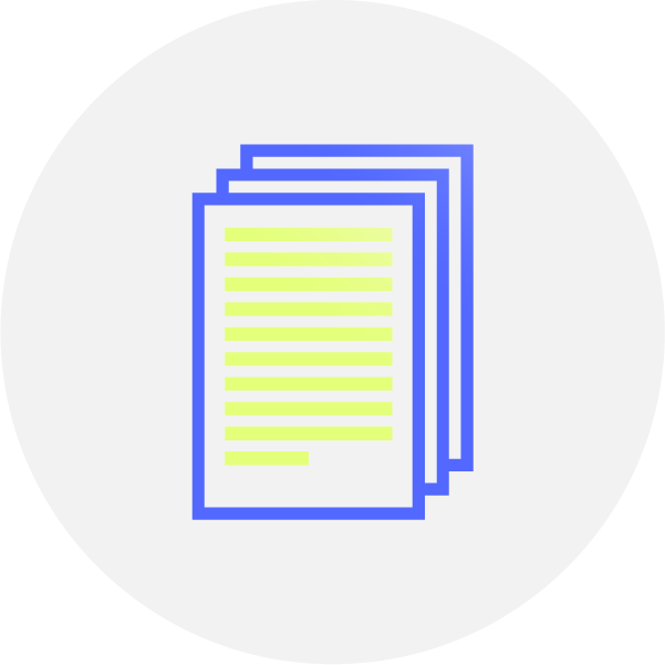 Icon of a stack of documents or papers with blue outlines and yellow lines representing text, inside a white circle.
