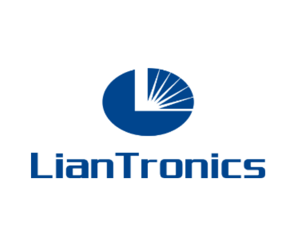 Logo for LianTronics featuring a pie chart design in navy blue and the company name below in matching font.
