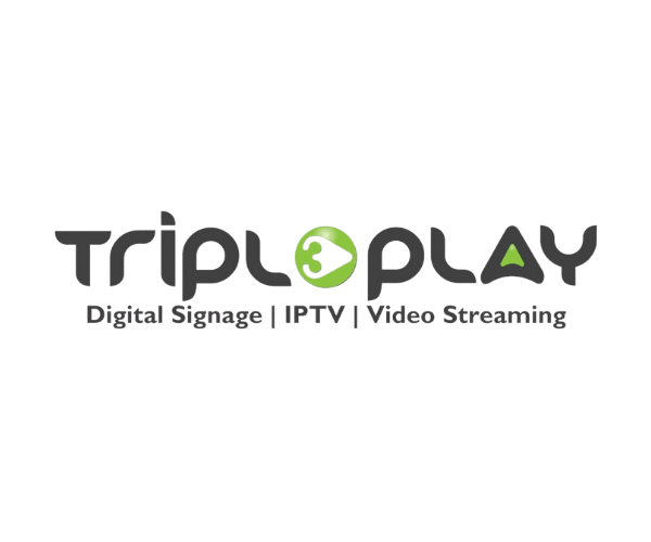 TripPlay logo with green play button and text indicating digital signage, IPTV, and video streaming services.