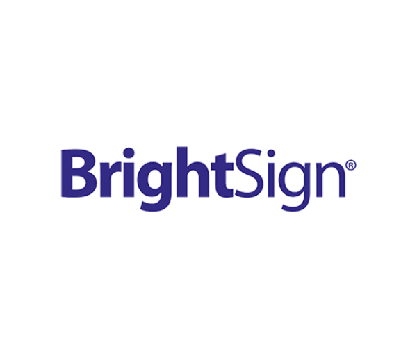 BrightSign logo with purple text on a black background.