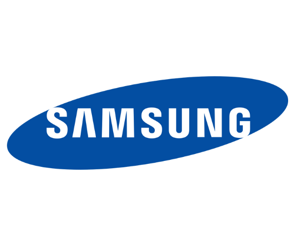 Samsung logo with blue oval background and white text.
