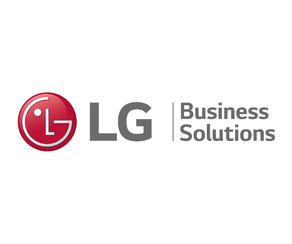 LG Business Solutions logo with a red LG emblem and gray text on a black background.