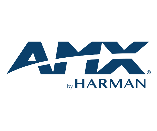 AMX by HARMAN logo in navy blue text on a black background.