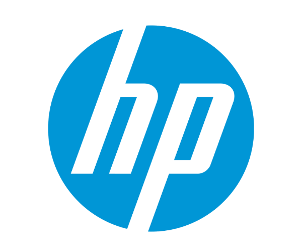 HP logo with blue circle and black text
