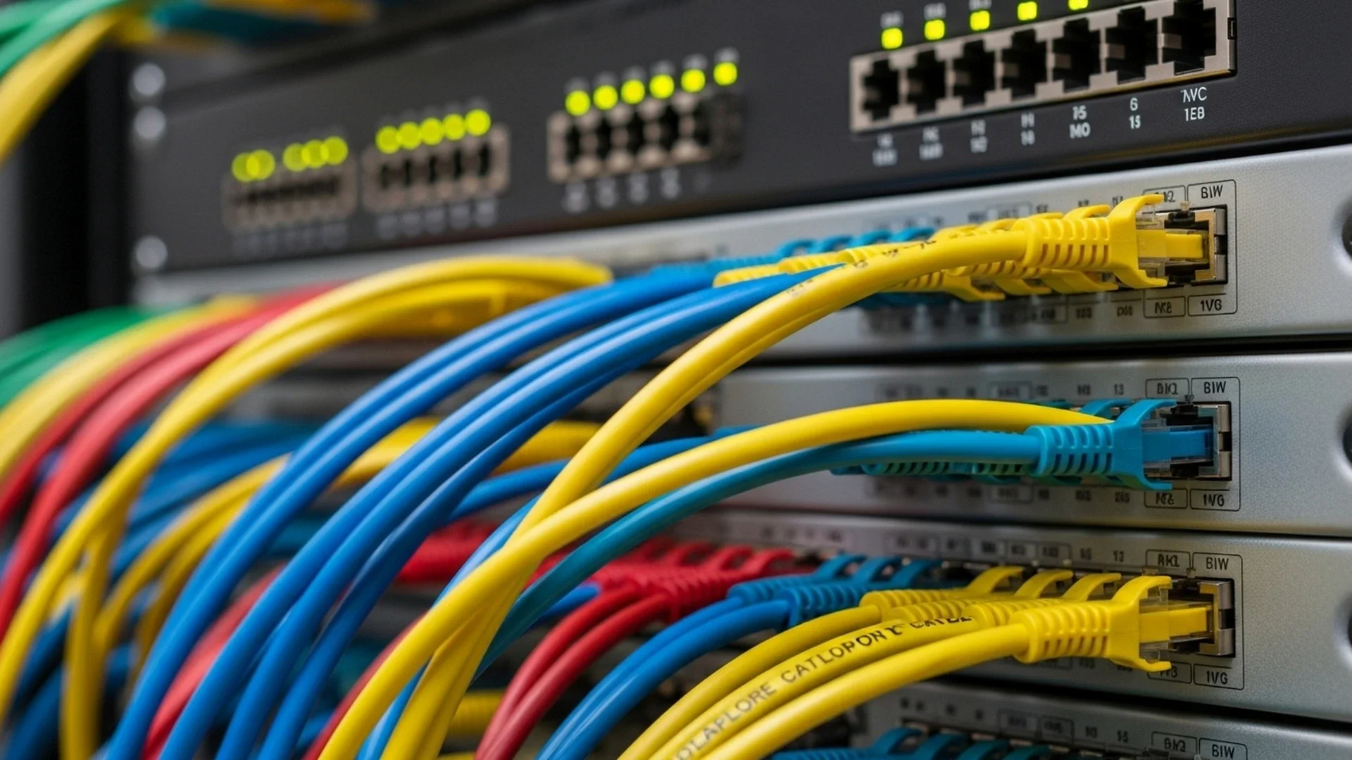 Colorful network cables connected to a server rack with blinking LED indicator lights.