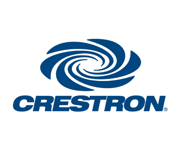 Crestron logo with a blue swirl graphic and blue text on a black background.
