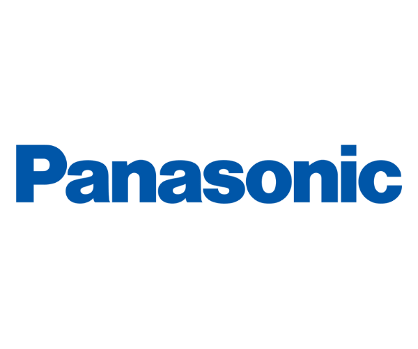 The image shows the Panasonic logo in blue text on a black background.