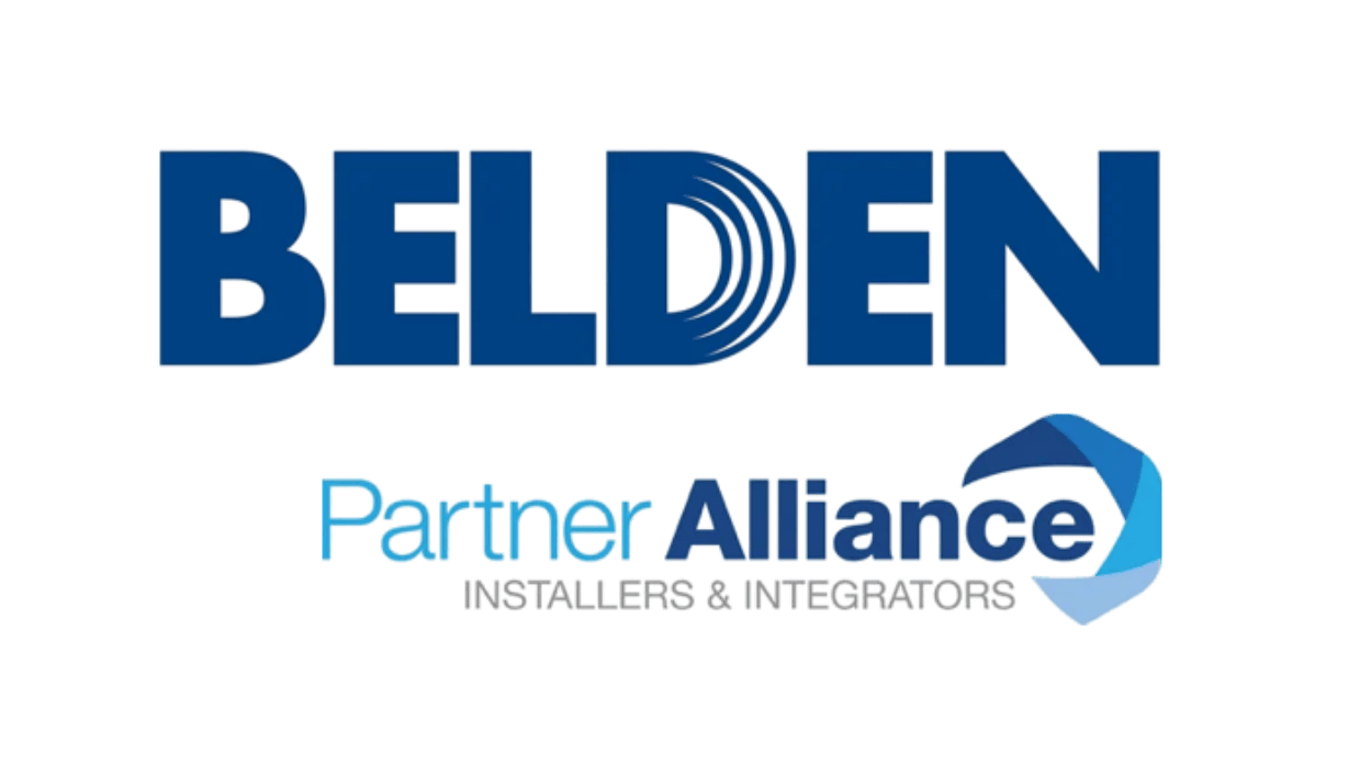 Logo for Belden Partner Alliance, including the Belden name in large blue letters and a blue and gray circular emblem with small text below that says 'Insta Leaders & Integrators'.