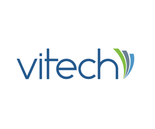 Vitech logo with stylized lines in green and blue to the right of the company name.