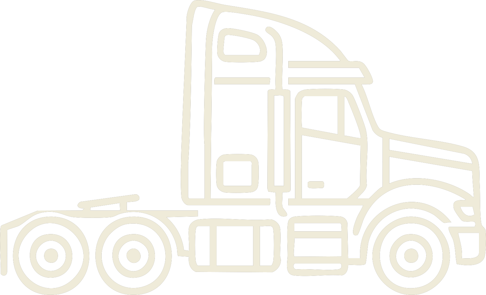 Outline of a semi-truck or tractor-trailer in a minimalist line art style on a black background.