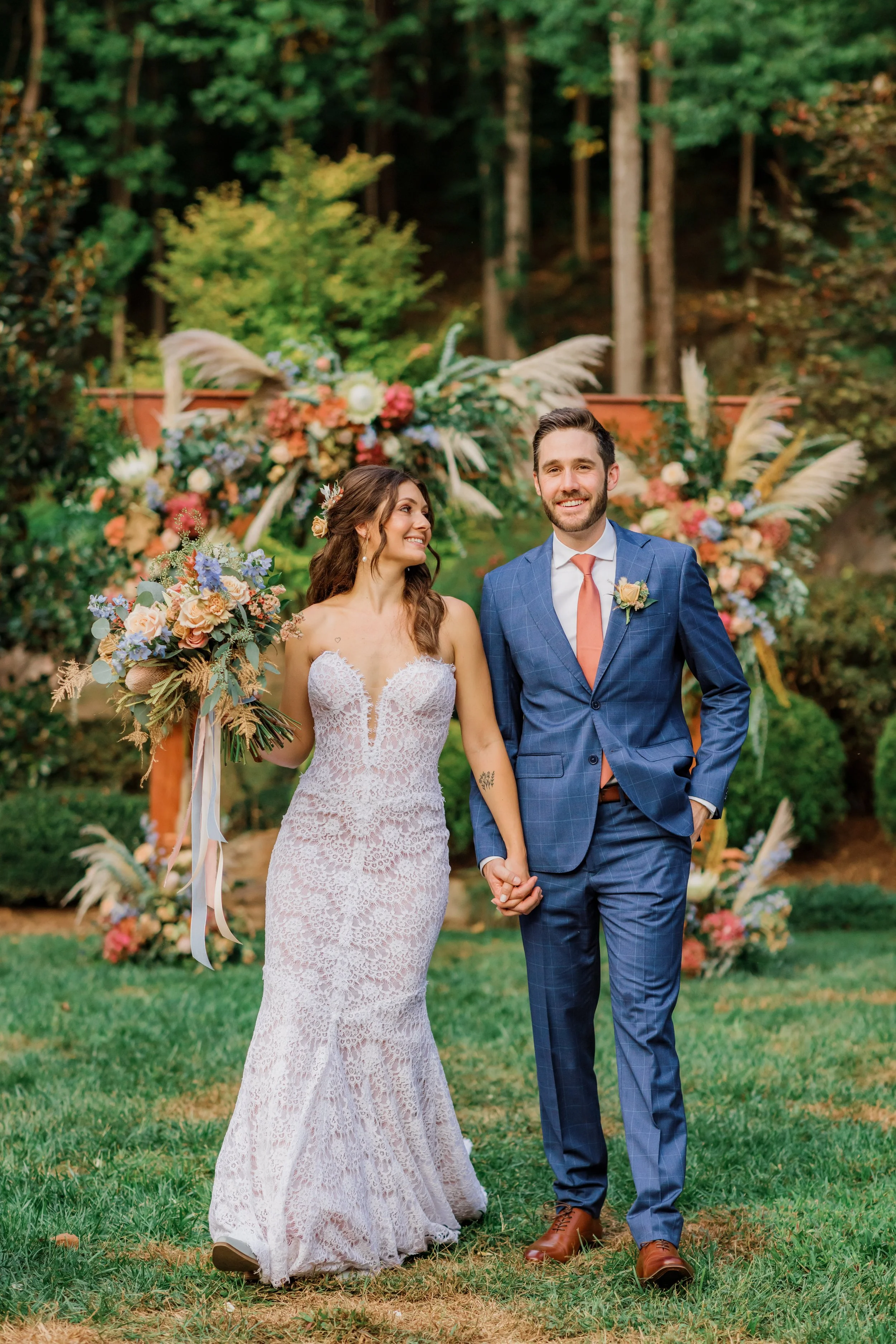 Bride and Groom walking at Gardens in the Gorge in Chattanooga, TN.