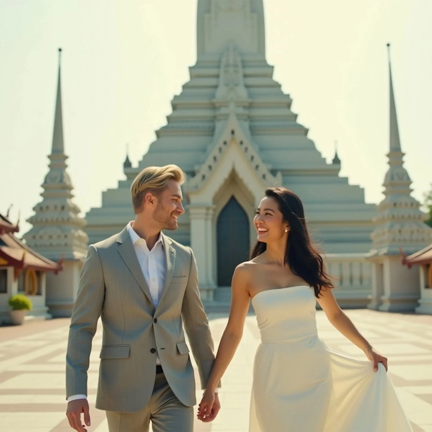 A couple in wedding attire walking hand-in-hand in front of an ornate temple or palace with multiple spires, smiling at each other.