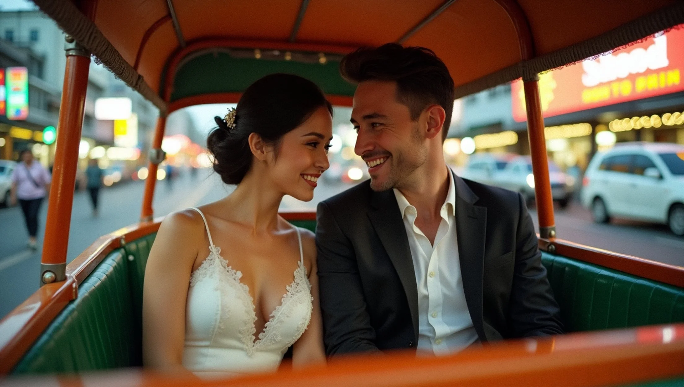 A smiling couple in wedding attire sitting close together in a rickshaw on a busy street at dusk.