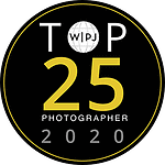 Circular badge with 'TOP 25 PHOTOGRAPHER 2020' text, black and yellow design.