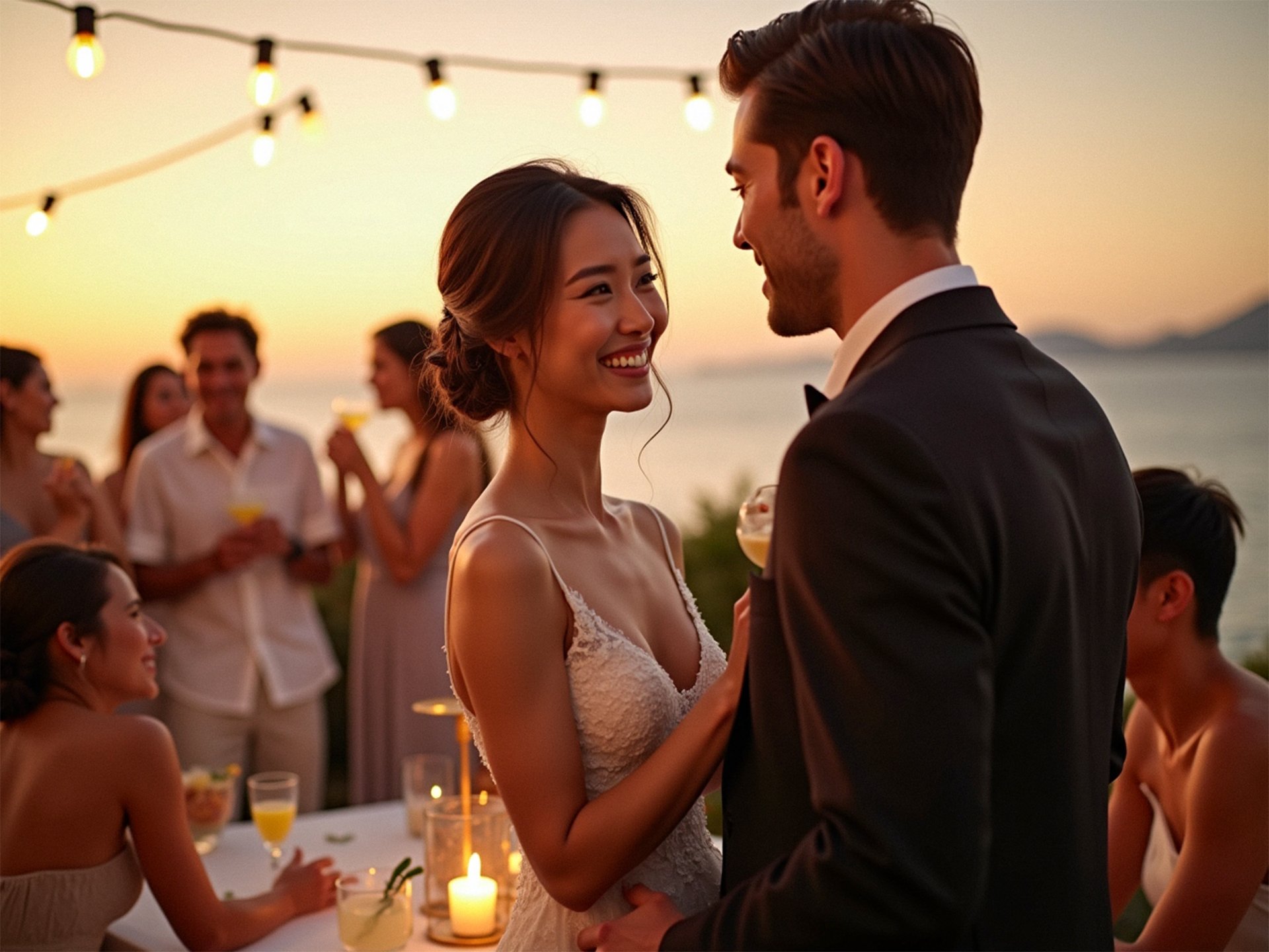 A wedding reception at sunset with an engaged couple in the foreground, smiling and holding drinks, surrounded by friends with the ocean in the background, string lights overhead, and candles on the table.