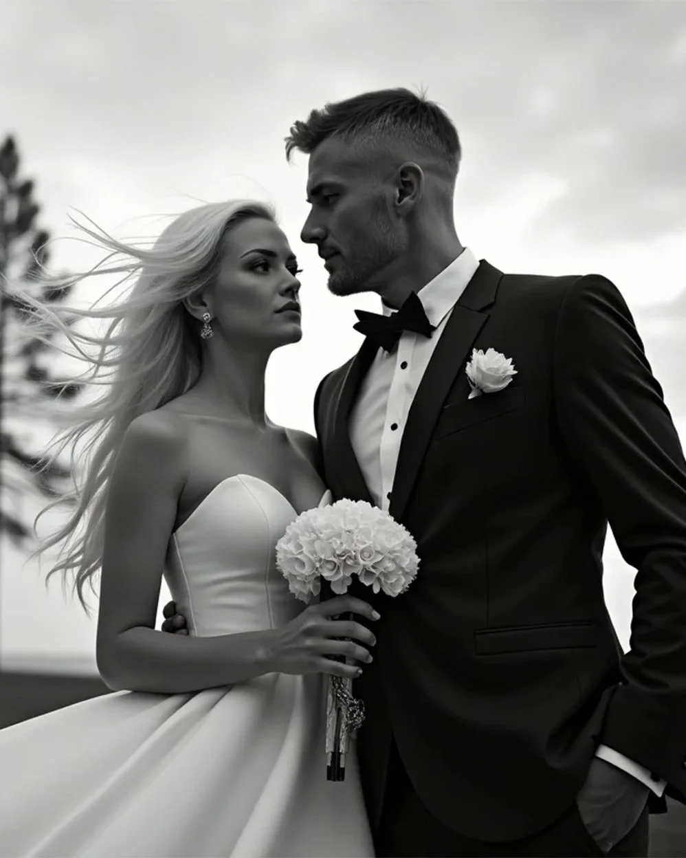 Black and white photo of a bride and groom in wedding attire, standing close and looking into each other's eyes. The bride is holding a bouquet of flowers.