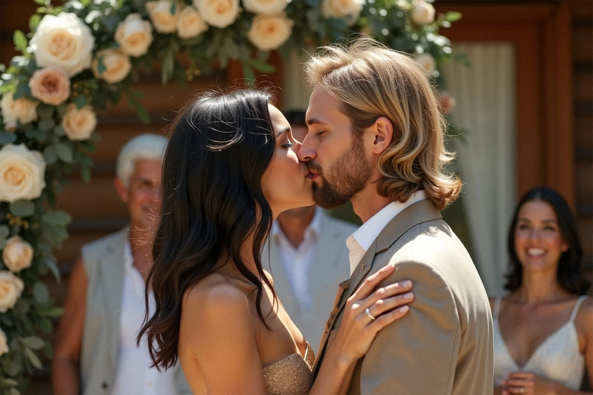 A couple kiss during their wedding ceremony, surrounded by floral decorations and guests in the background.