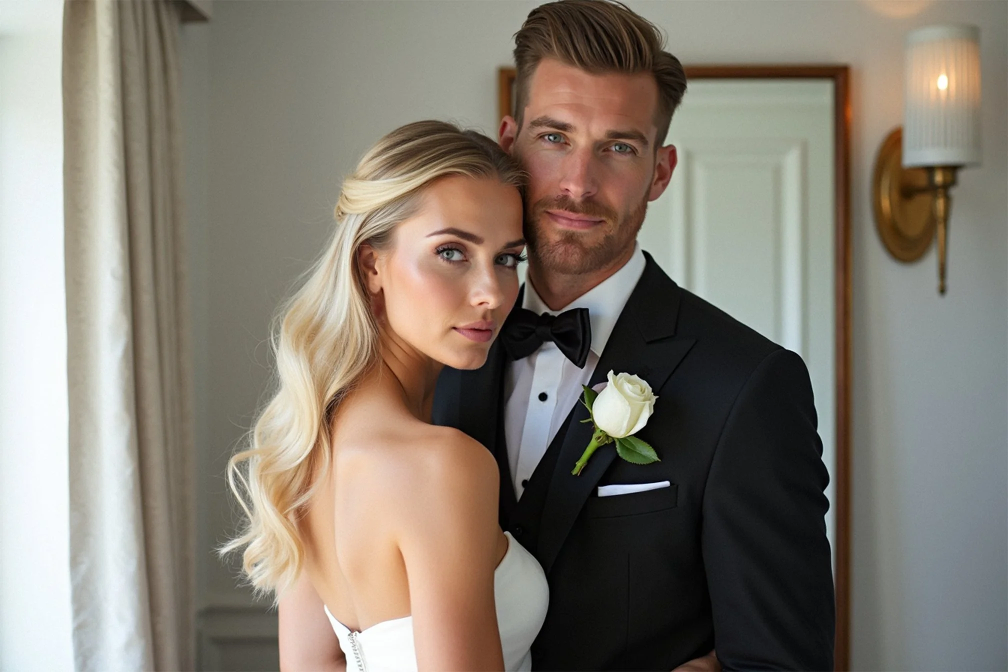 A young woman in a strapless white wedding dress and a young man in a black tuxedo with a white boutonniere stand close together indoors.