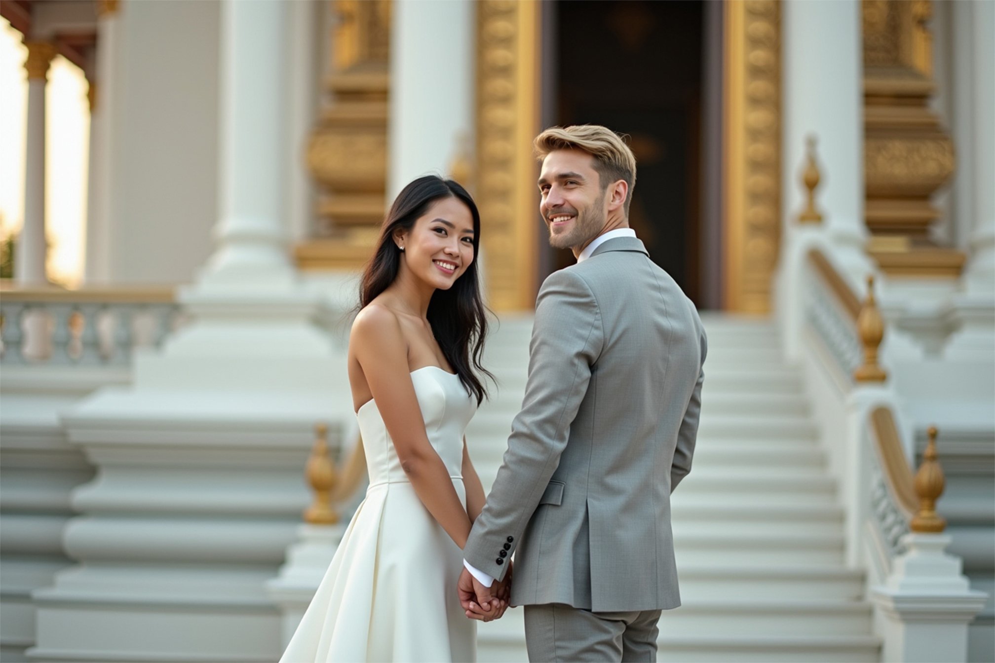 A smiling bride and groom holding hands on the stairs of an ornate building.