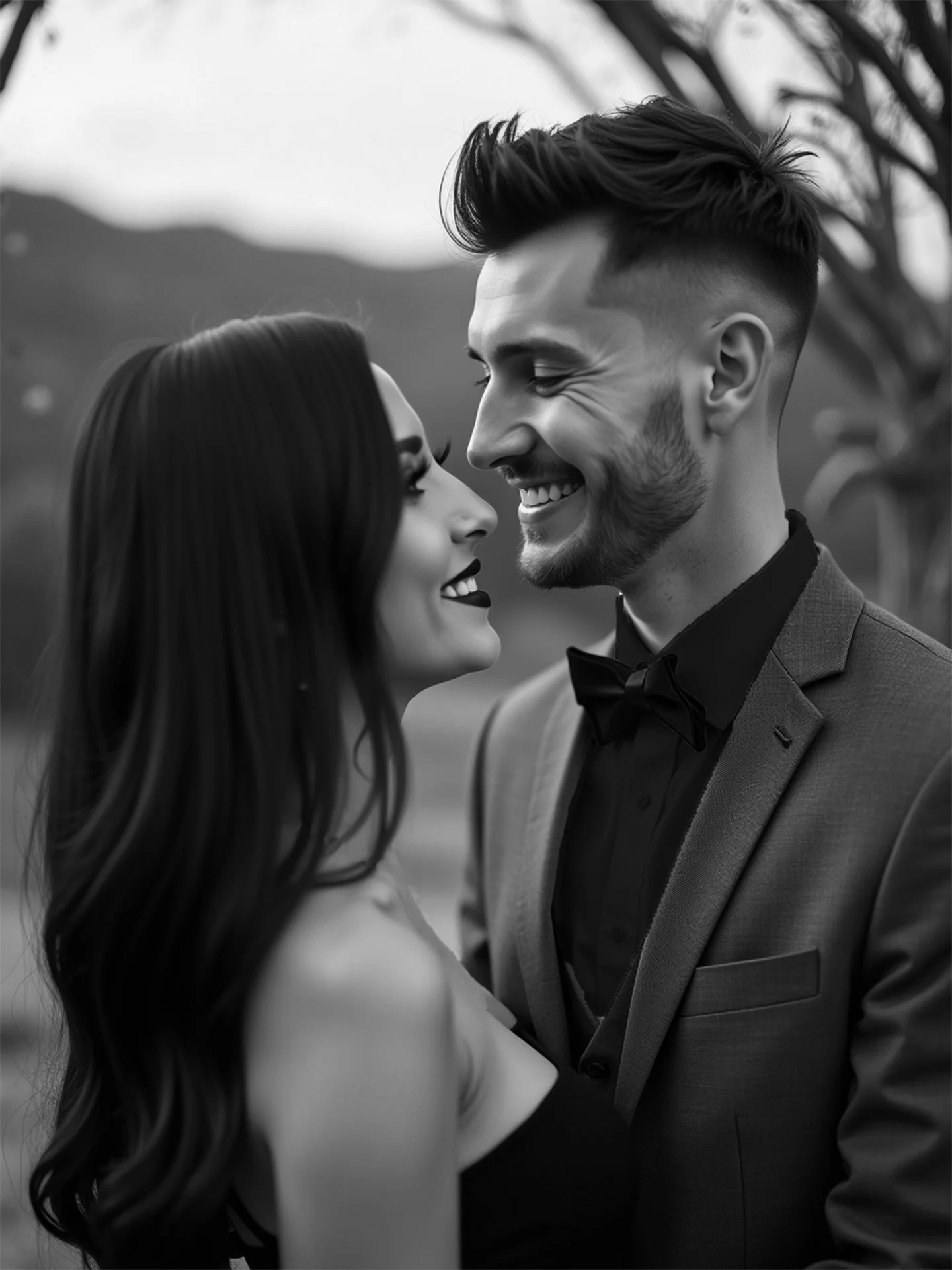 A black and white photo of a couple facing each other, smiling, outdoors with trees in the background. The woman has long dark hair and the man has styled hair and a beard. He is wearing a tuxedo with a bow tie.