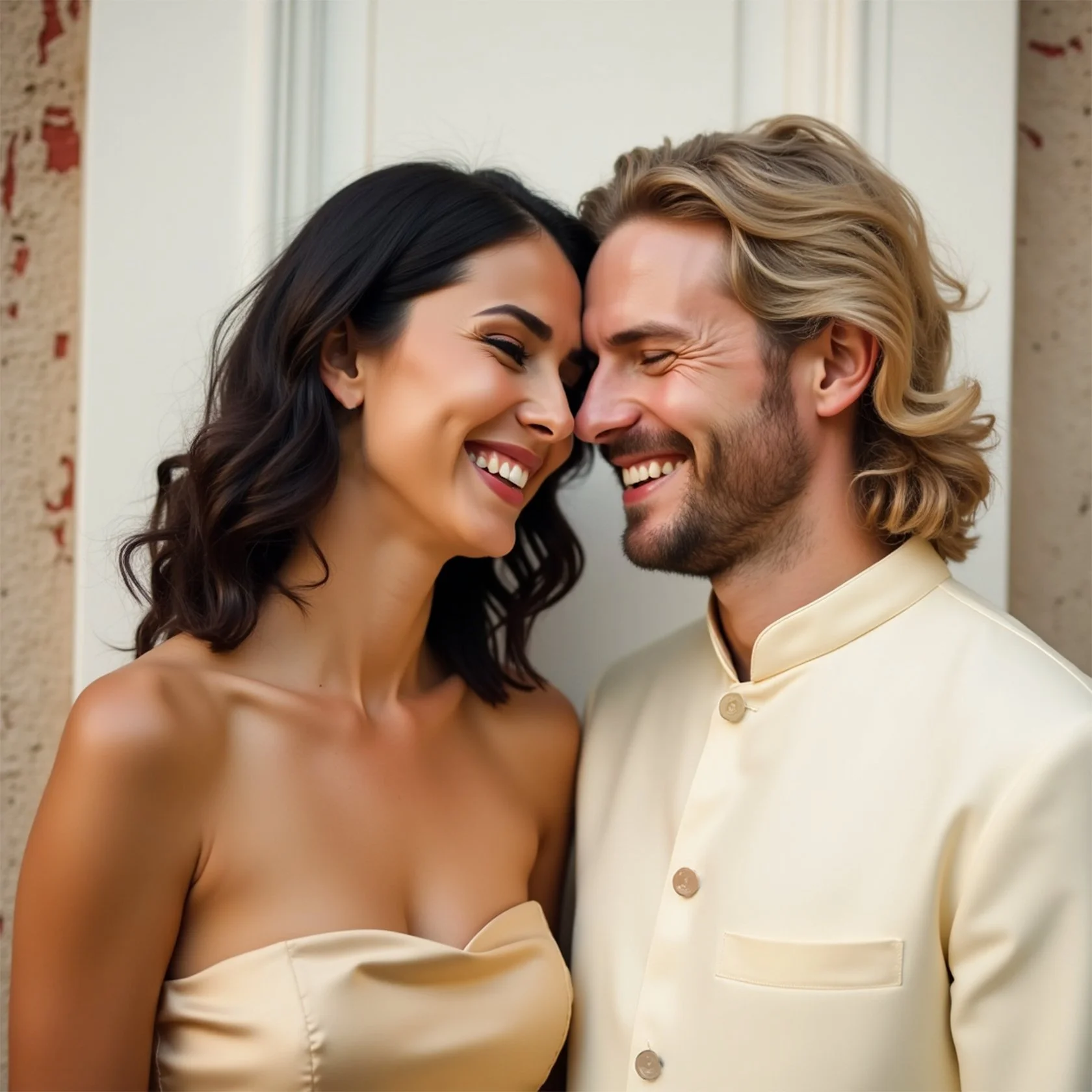 A smiling couple with their foreheads touching, standing close to each other.